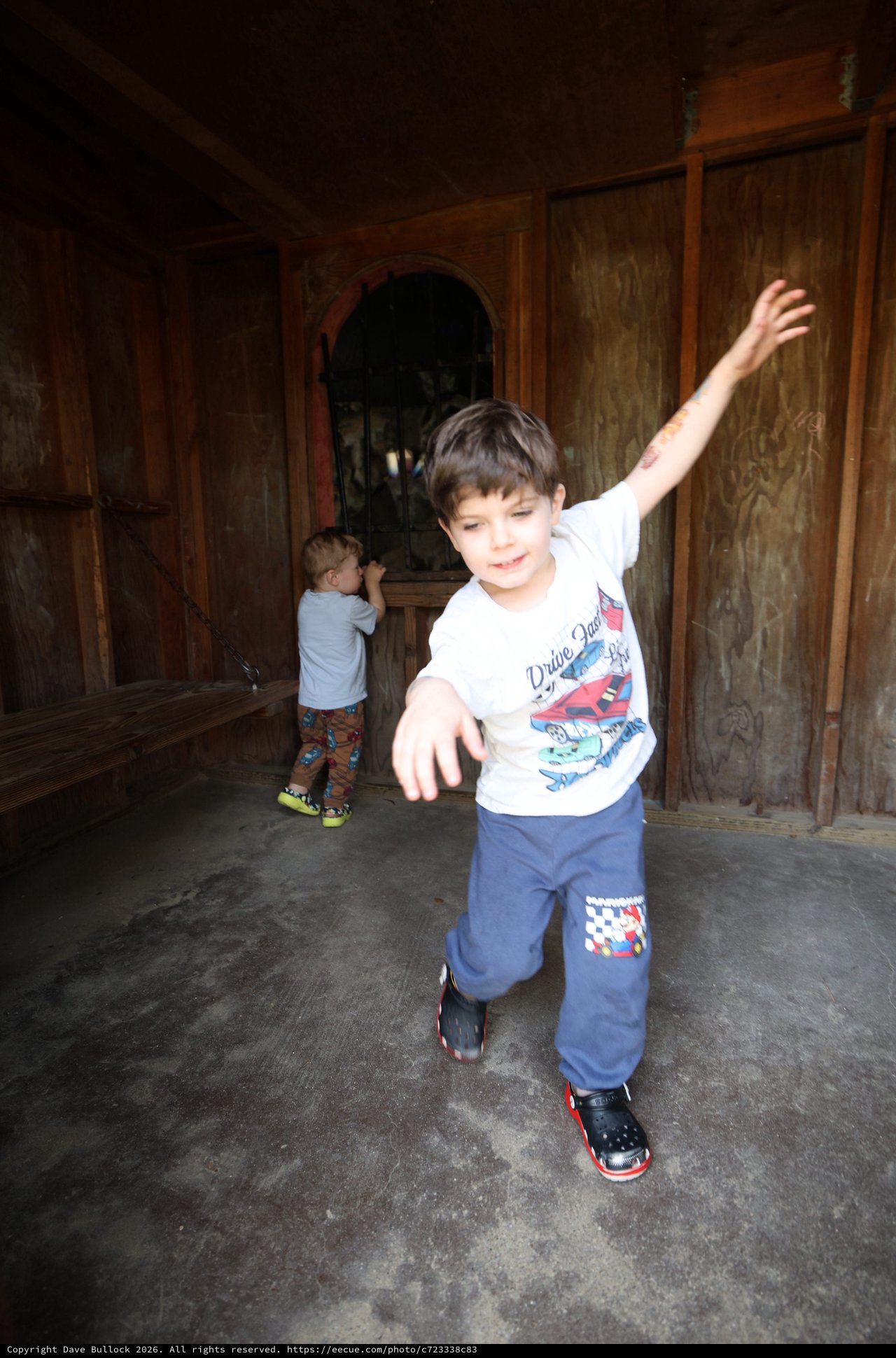 Young Boy Dancing in Rustic Wooden Room
