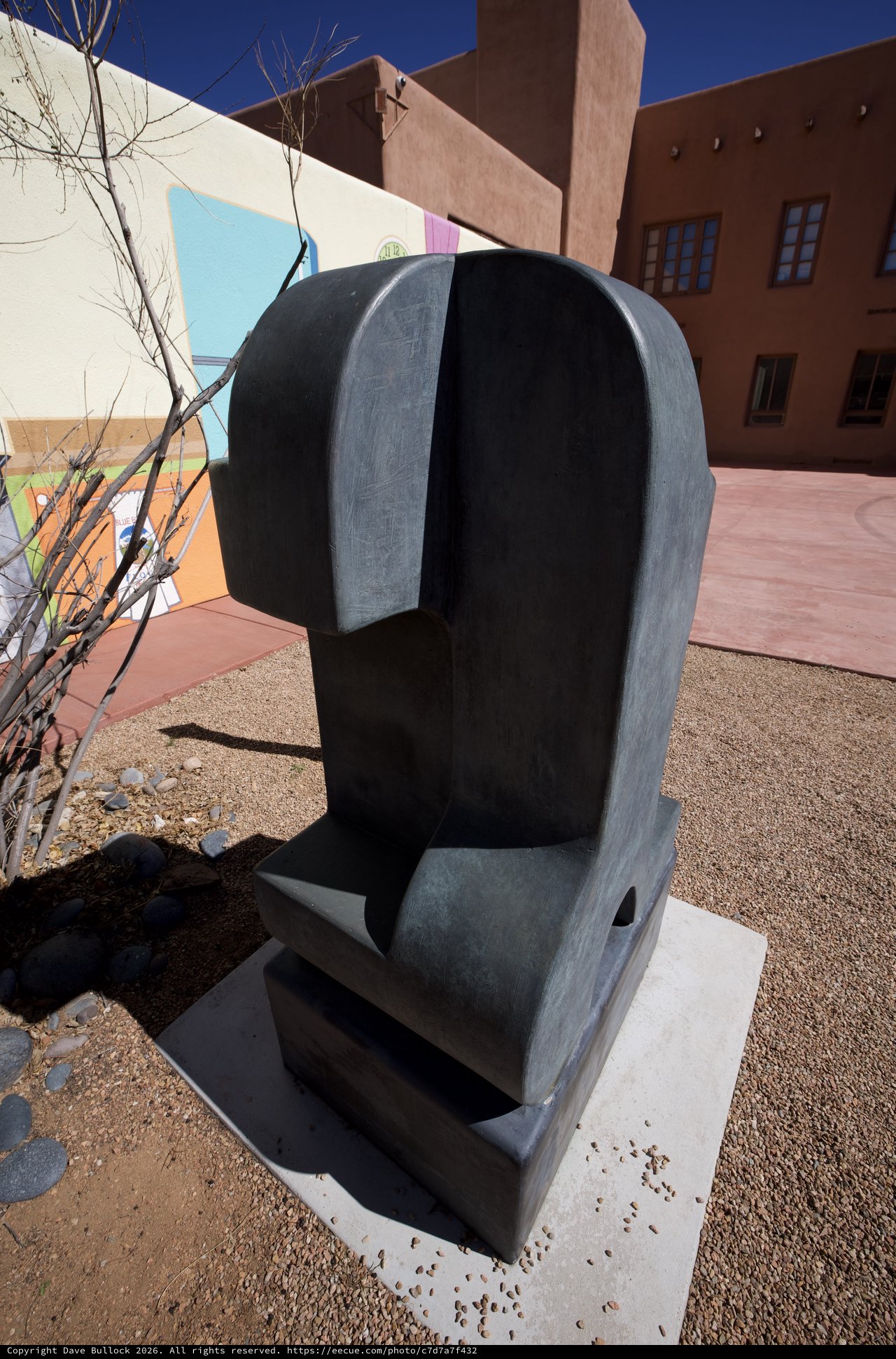 Modern Black Stone Sculpture in Santa Fe Courtyard