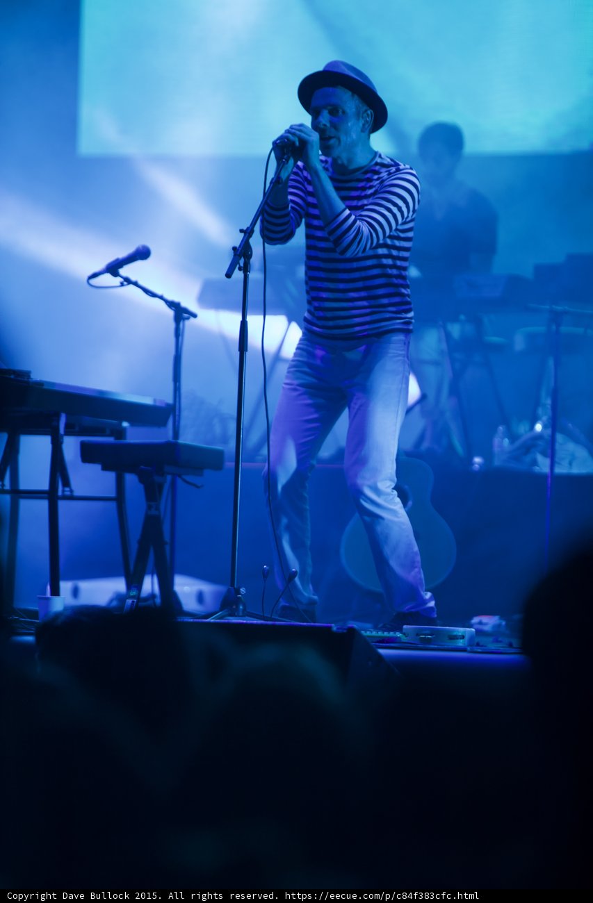 Belle and Sebastian Stuart Murdoch Dynamic Pose Singing Fedora Striped Shirt Blue Spotlight