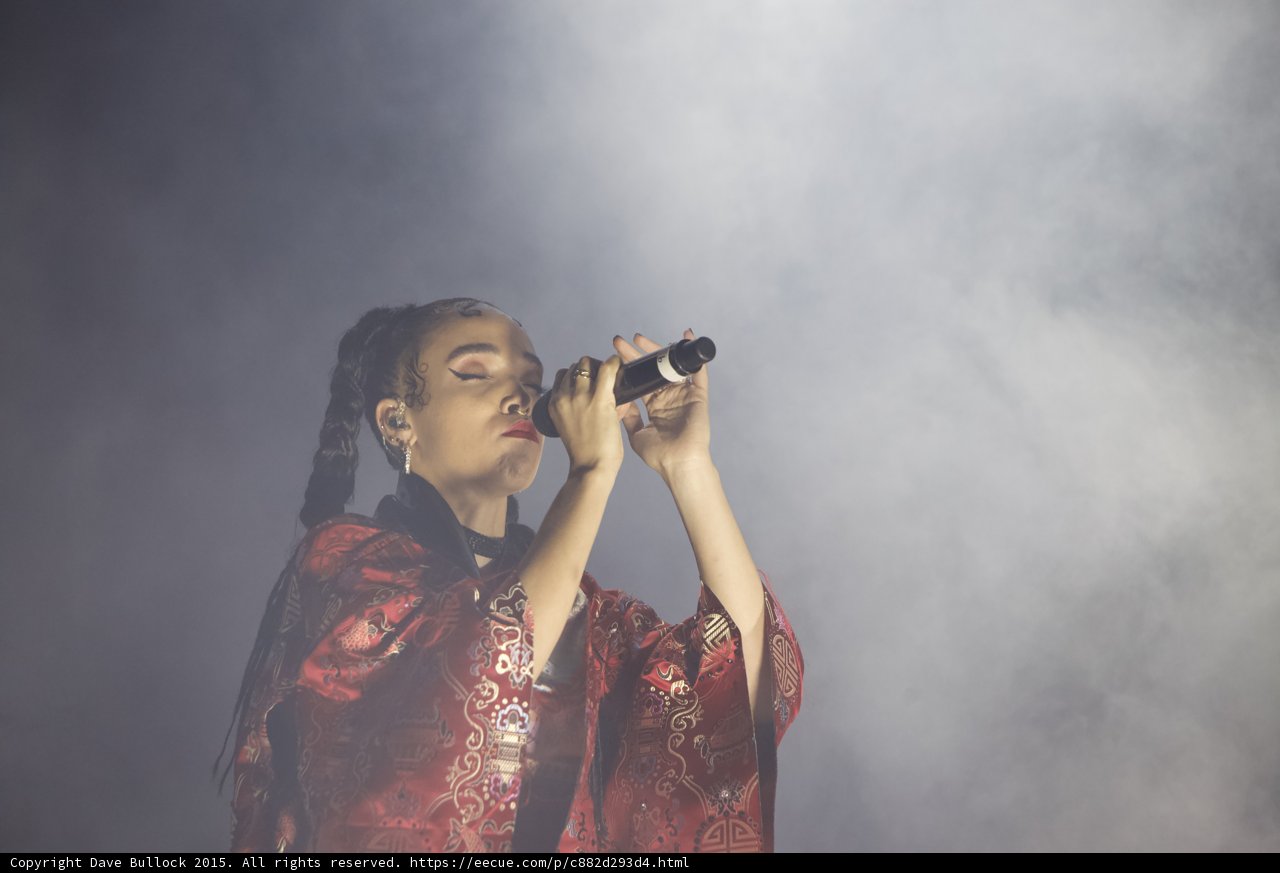 FKA twigs Beautiful Portrait Baby Hairs Eyes Closed Red Lipstick Braided Ponytails Hoop Earrings Black Sparkle Choker Red Brocade Kimono Gold Chinese Patterns