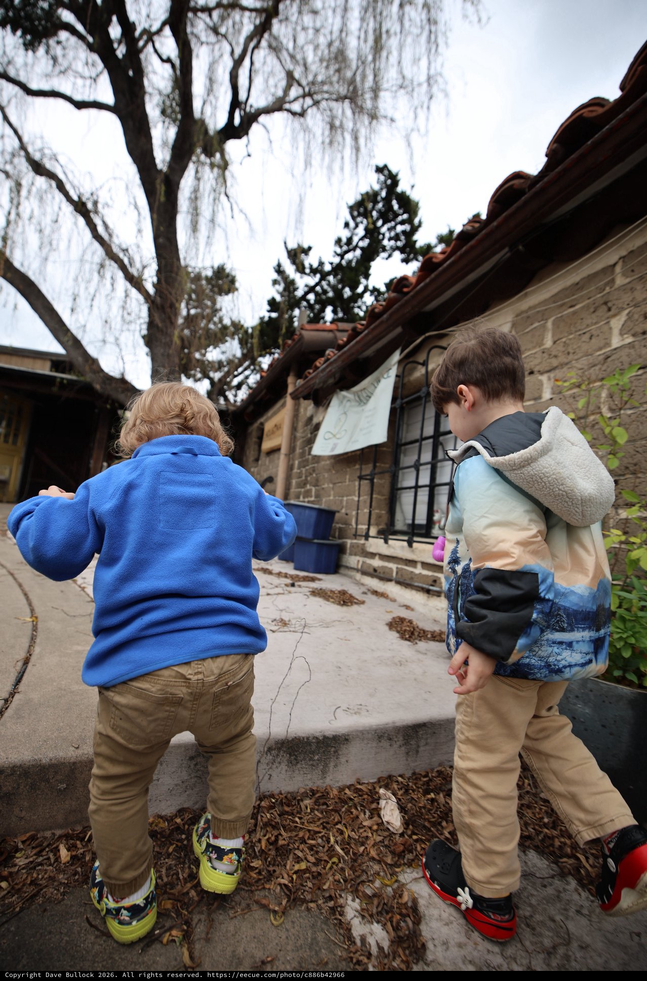 Two Young Boys Exploring a Historic Adobe Courtyard
