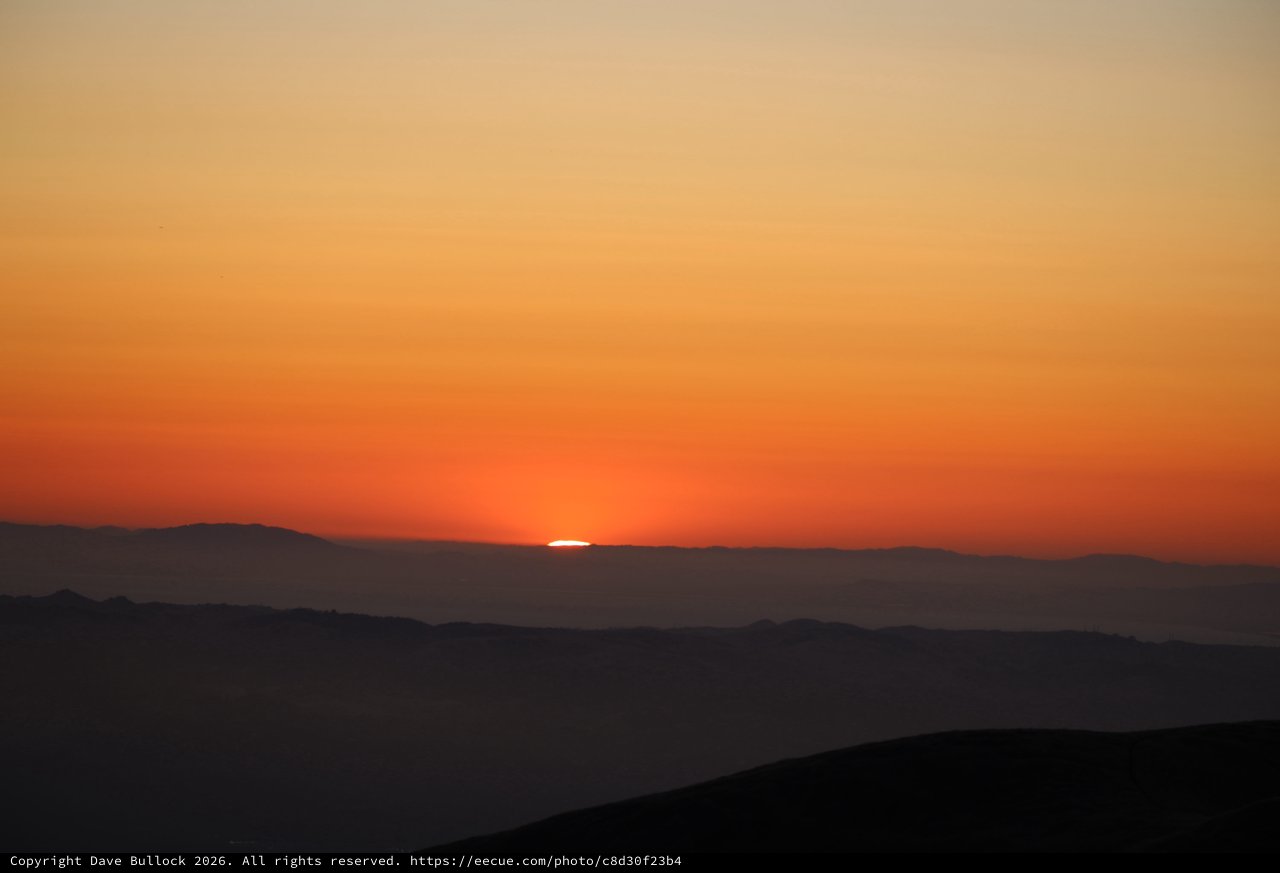 Last Light: Sun Sinking Behind Layered Mountain Ridges
