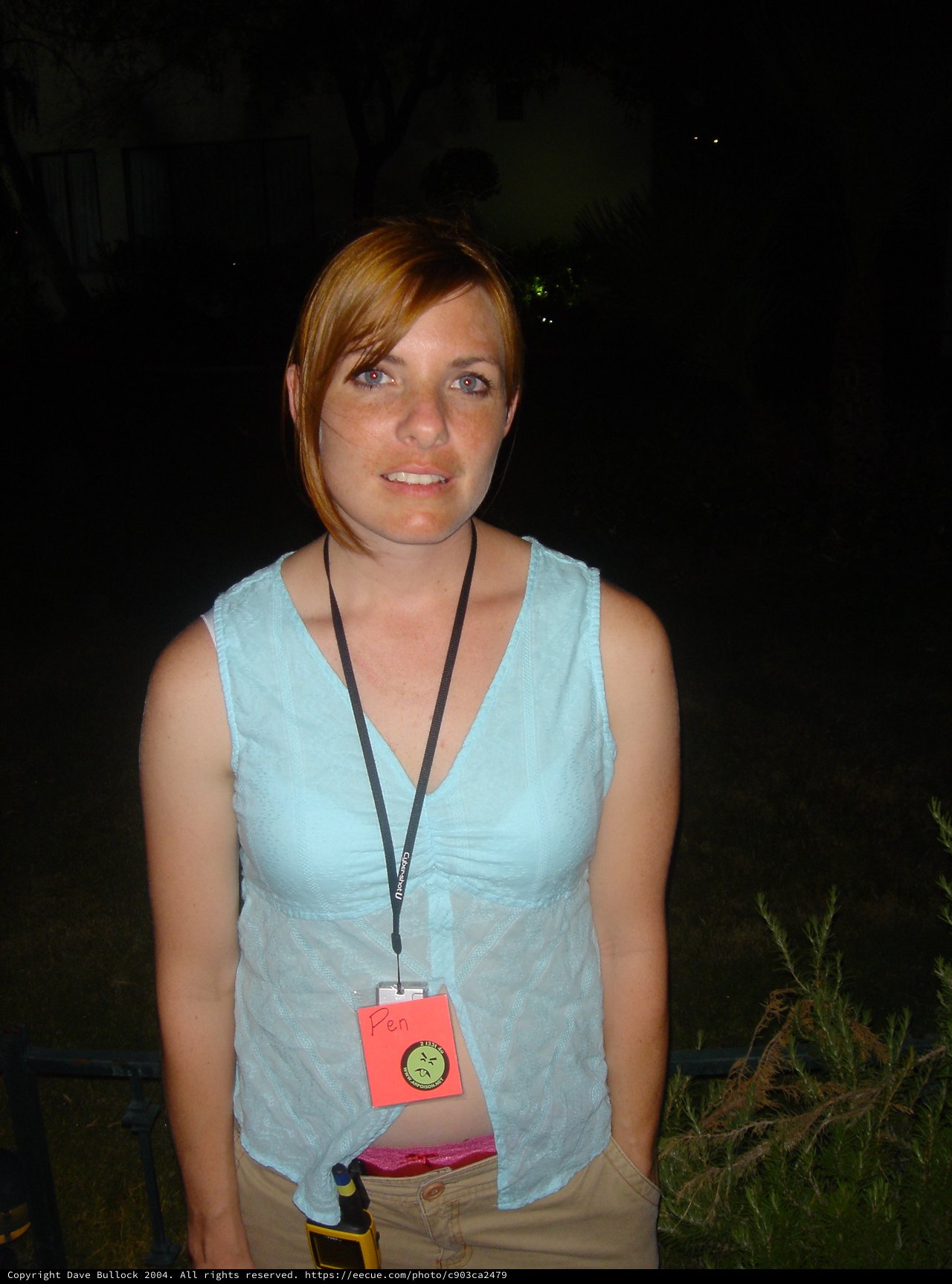 Penelope at Outdoor Night Event with Badge
