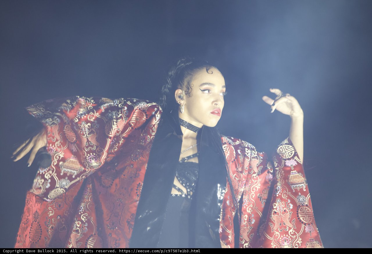 FKA twigs Profile Arms Spread Red Brocade Kimono Baby Hairs Hoop Earrings Black Choker Expressive Hands Rings