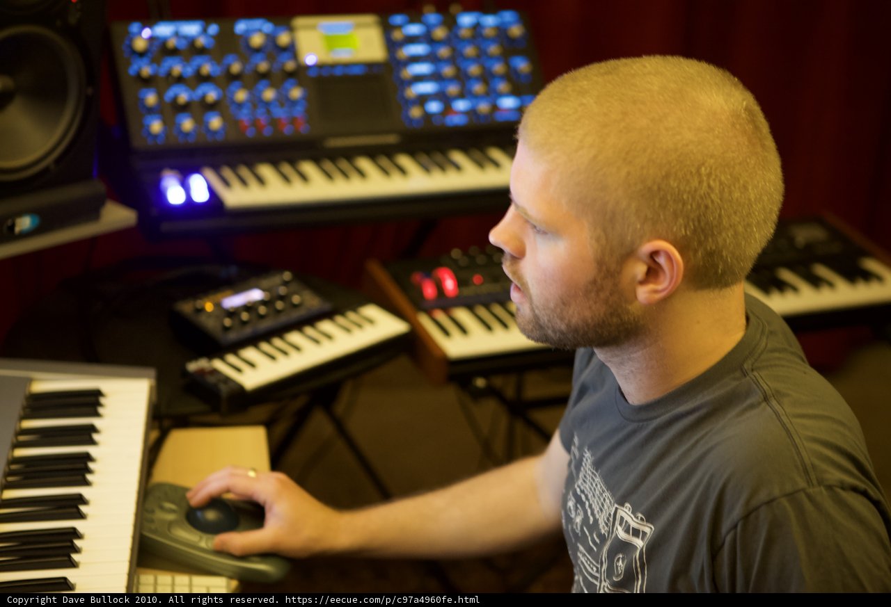 Morgan Page playing electronic keyboard in front of computer