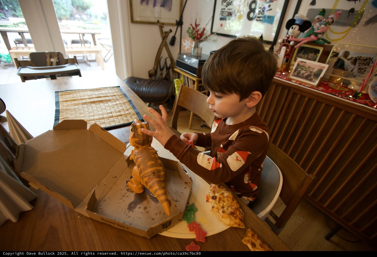 Young Boy's Delighted Dinosaur Pizza Discovery on Christmas