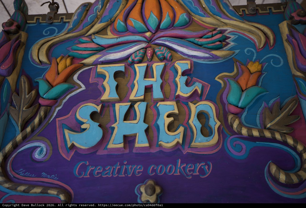 Colorful Hand-Carved Shed Sign with Ornate Design