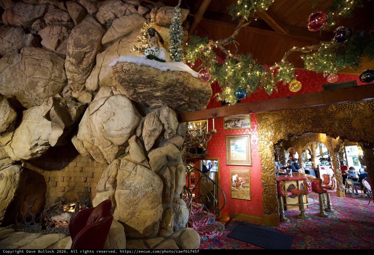 Festive Christmas Decorations Inside Madonna Inn's Rock-Walled Interior