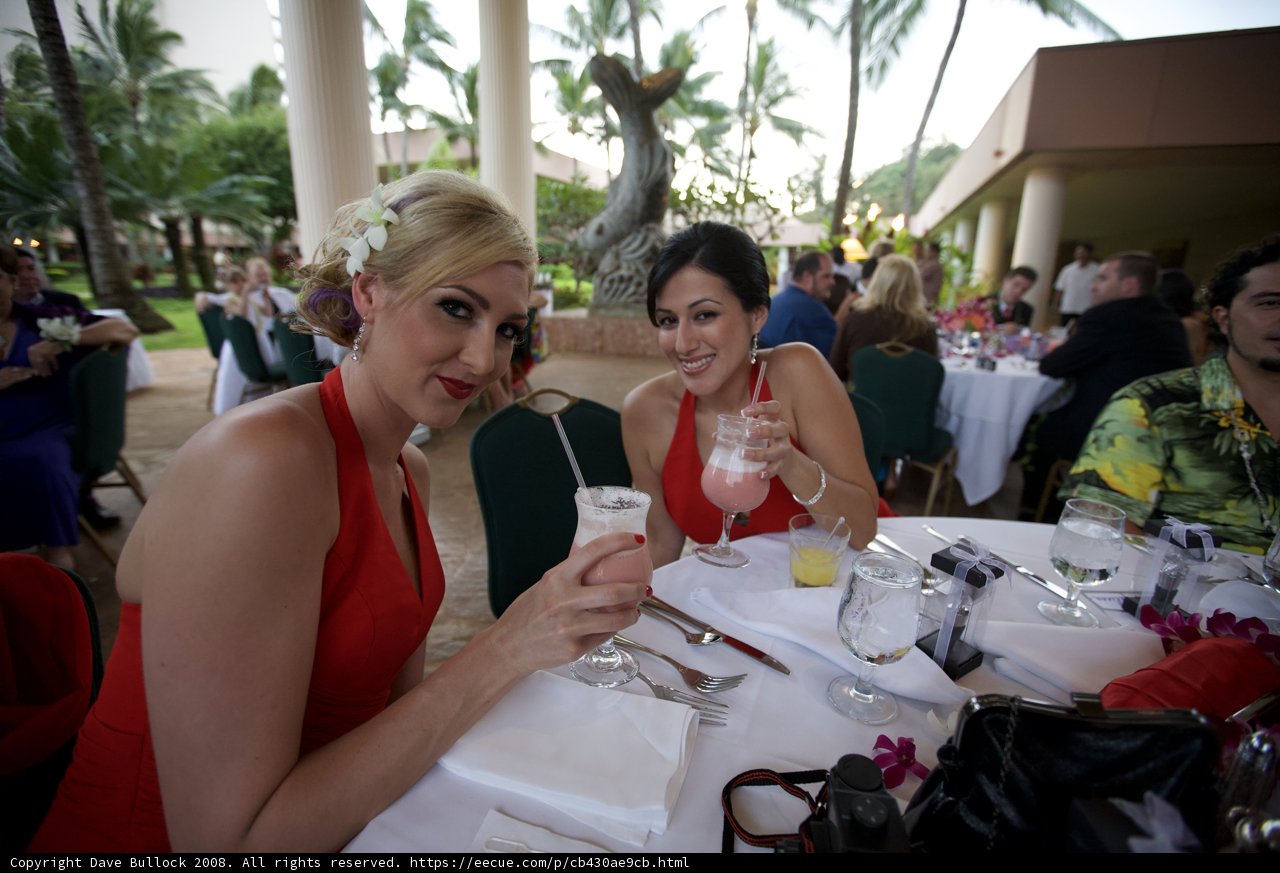 Sipping and Chatting in Red Dresses