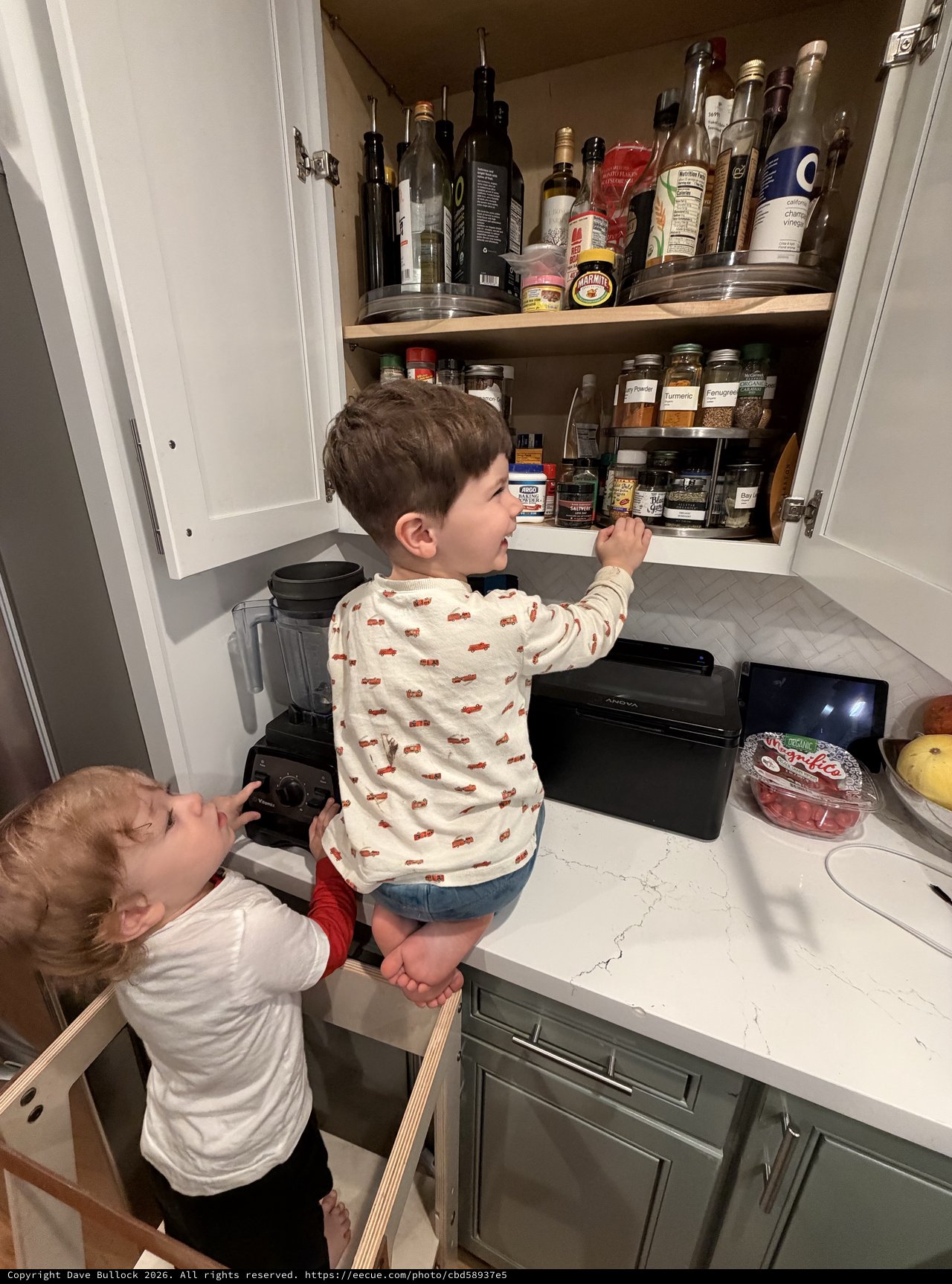 Siblings Working Together to Reach the Kitchen Cabinet