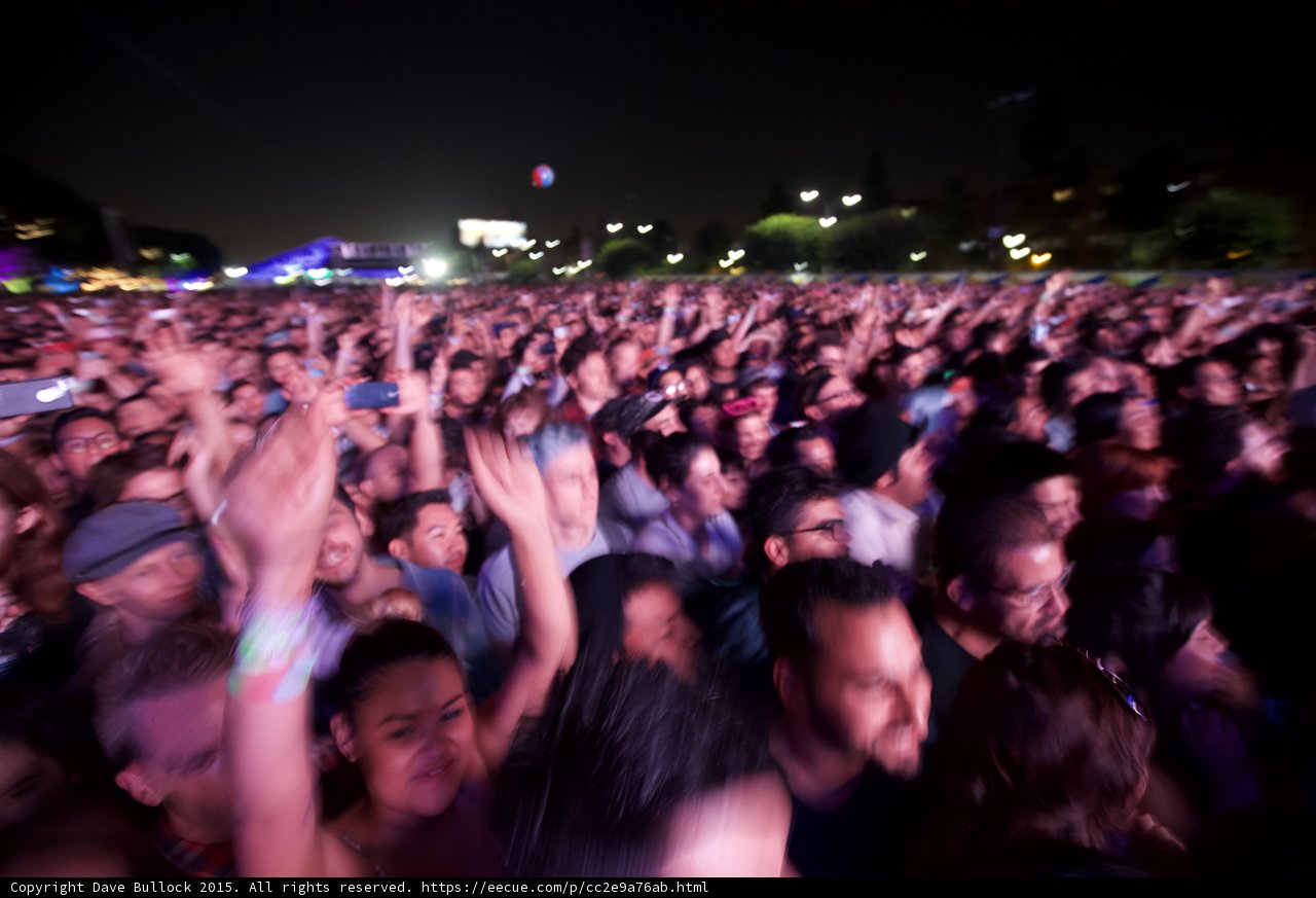 FYF Fest Crowd Wide Shot Arms Raised Blue Purple Tones Night Trees Stadium Lights