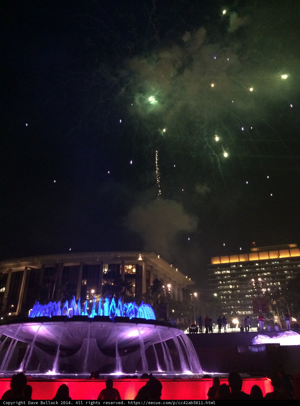 Fireworks illuminating a fountain in Los Angeles