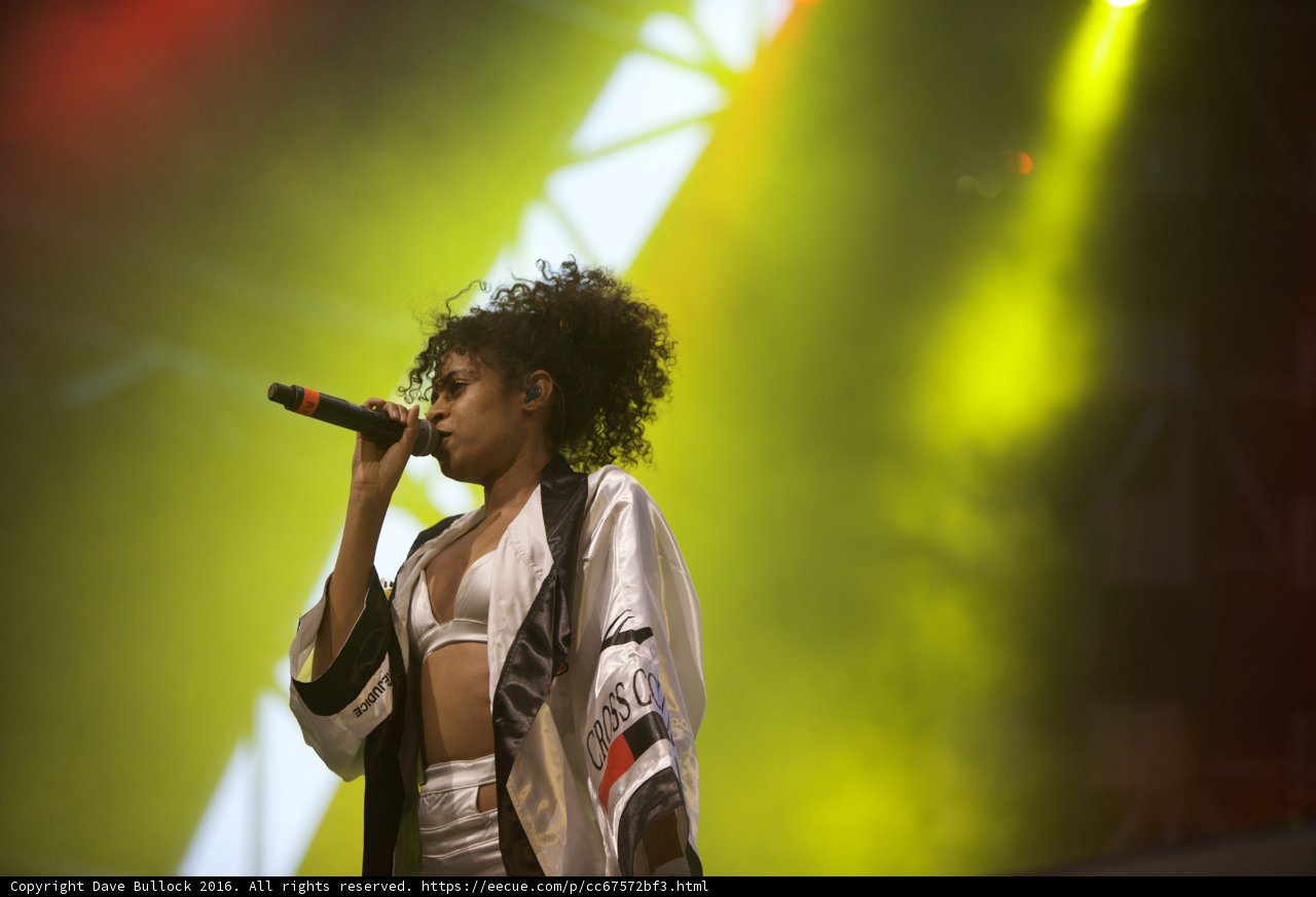 Rocking the Stage Caption: A female entertainer in a white robe mesmerizing the crowd with her mesmerizing performance and powerful voice at Coachella 2016.