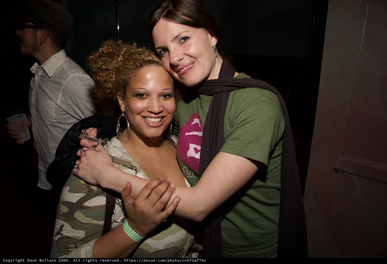 Two Friends Embracing at a Nightclub Event
