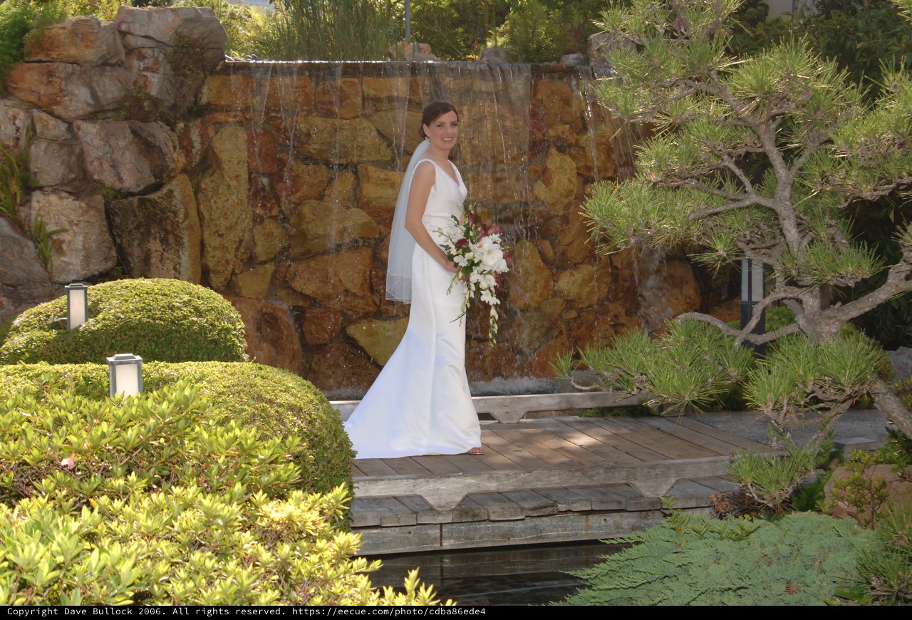 Bride Poses Before Stone Waterfall in Japanese Garden