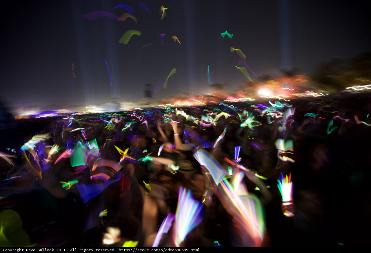 Partygoers Raise Their Hands Under Dazzling Lights