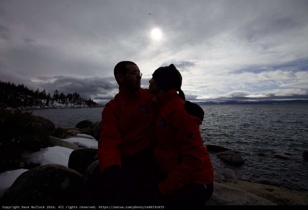 Winter Romance at Lake Tahoe's Rocky Shore