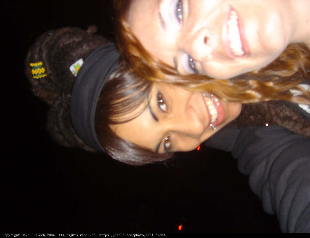 Two Friends Smiling Close Together at Night