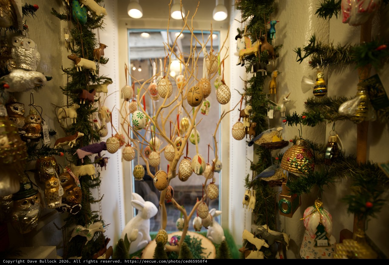 Festive Holiday Shop Window Display with Ornaments