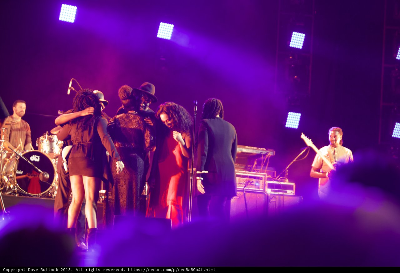 Solange Band Group Hug DW Drums Red Dress Hat Guitarist Smiling Purple Haze