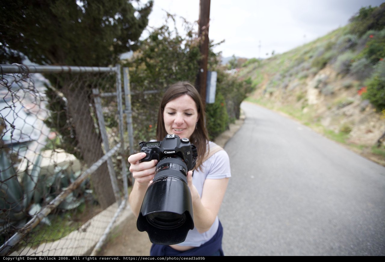 Photographer Reviewing Shots on Canon DSLR Outdoors