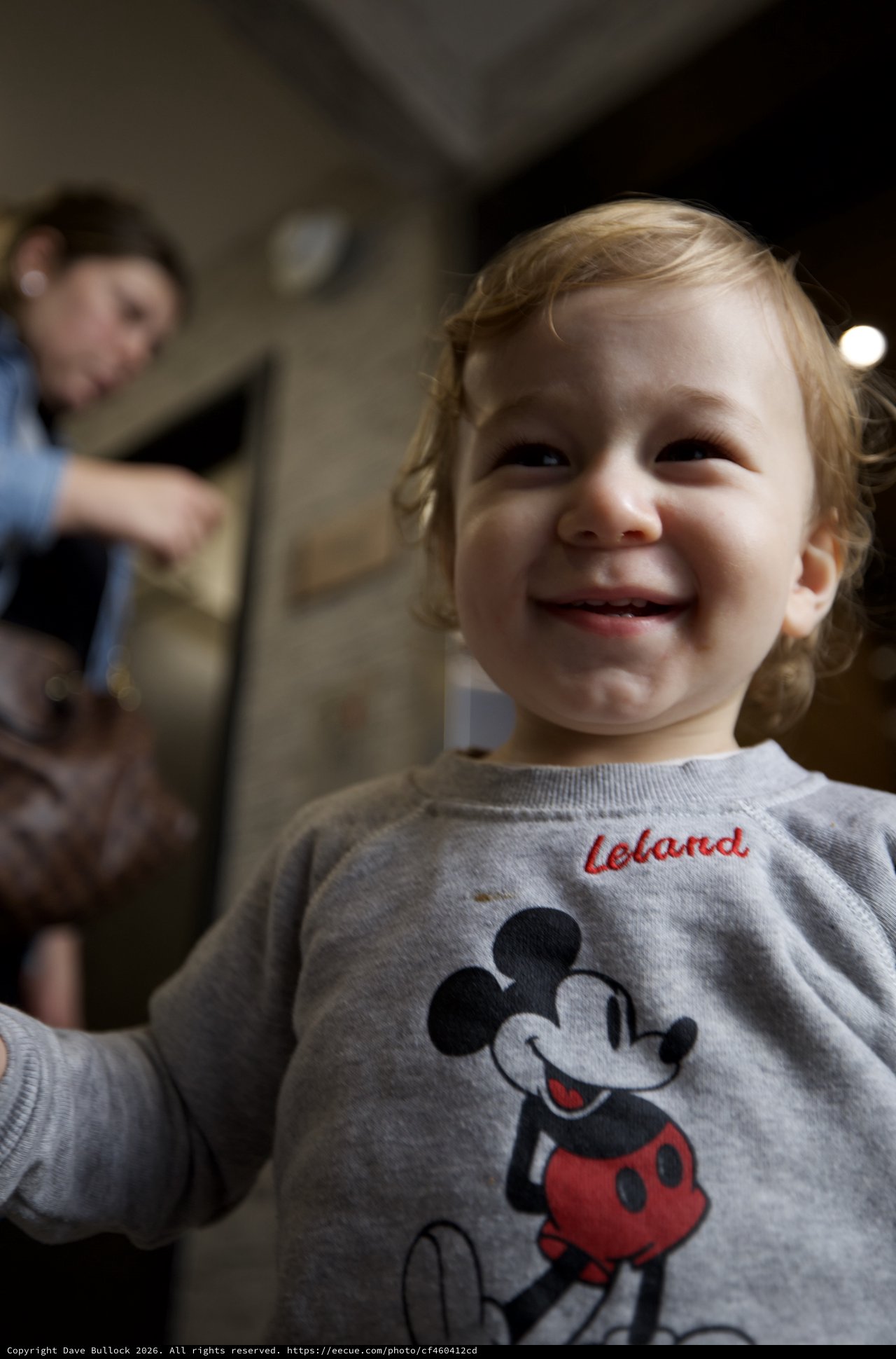 Joyful Toddler in Mickey Mouse Sweatshirt at Home