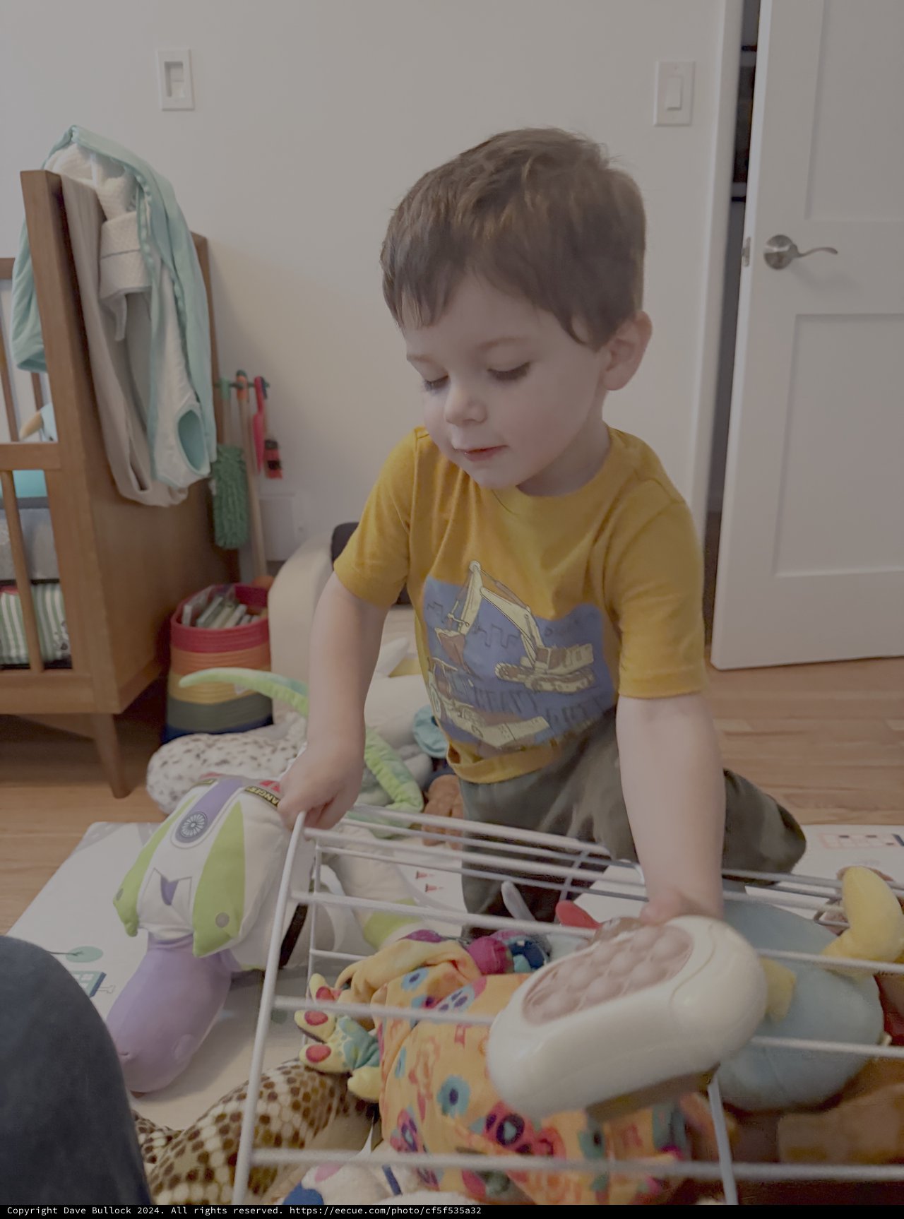 Young Boy Playing with Toy Shopping Cart