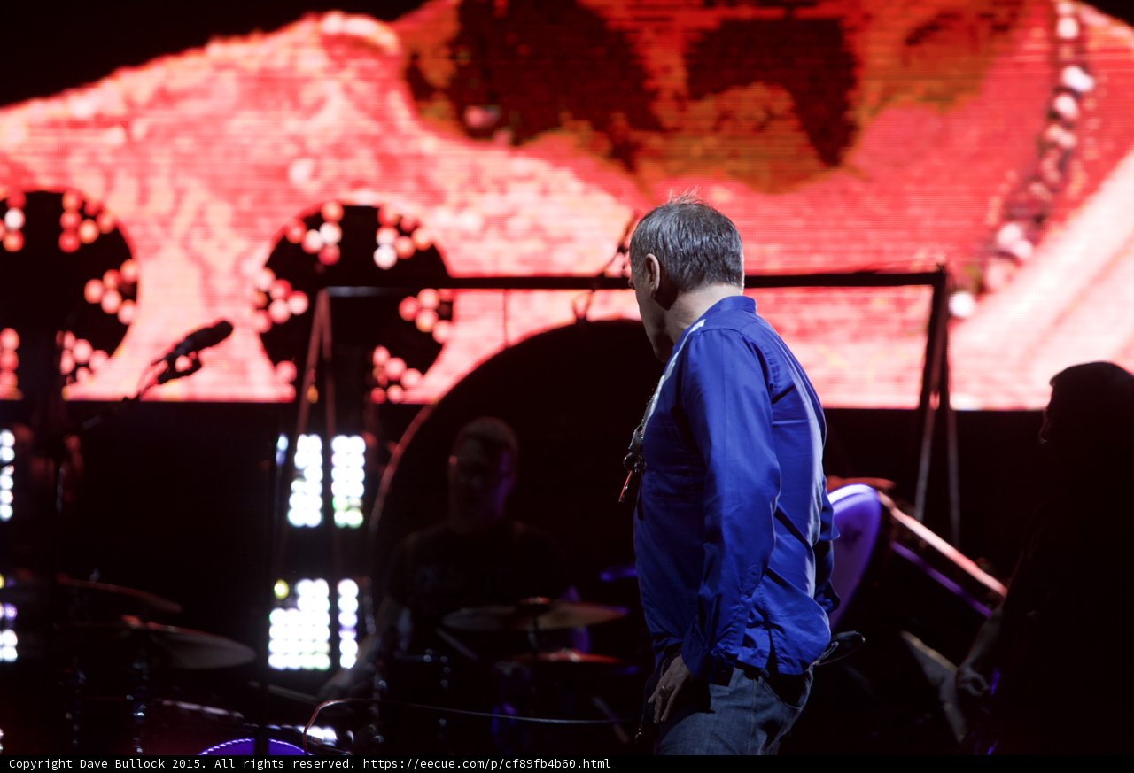 Morrissey From Behind Blue Shirt Facing Drummer Glasses LED Drum Head Two Circular Lights Red Screen