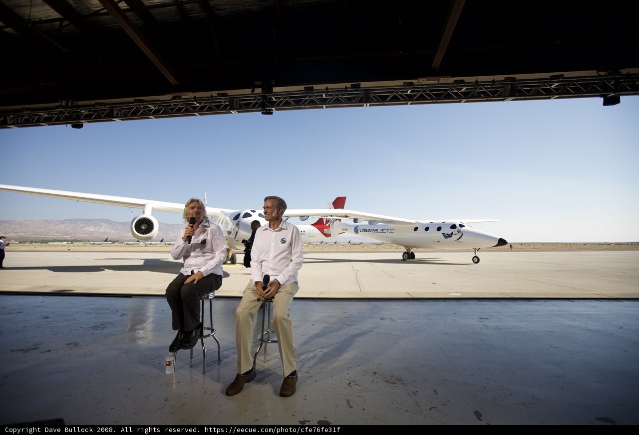 Branson and Rutan Discuss White Knight Two in Front of Airplane