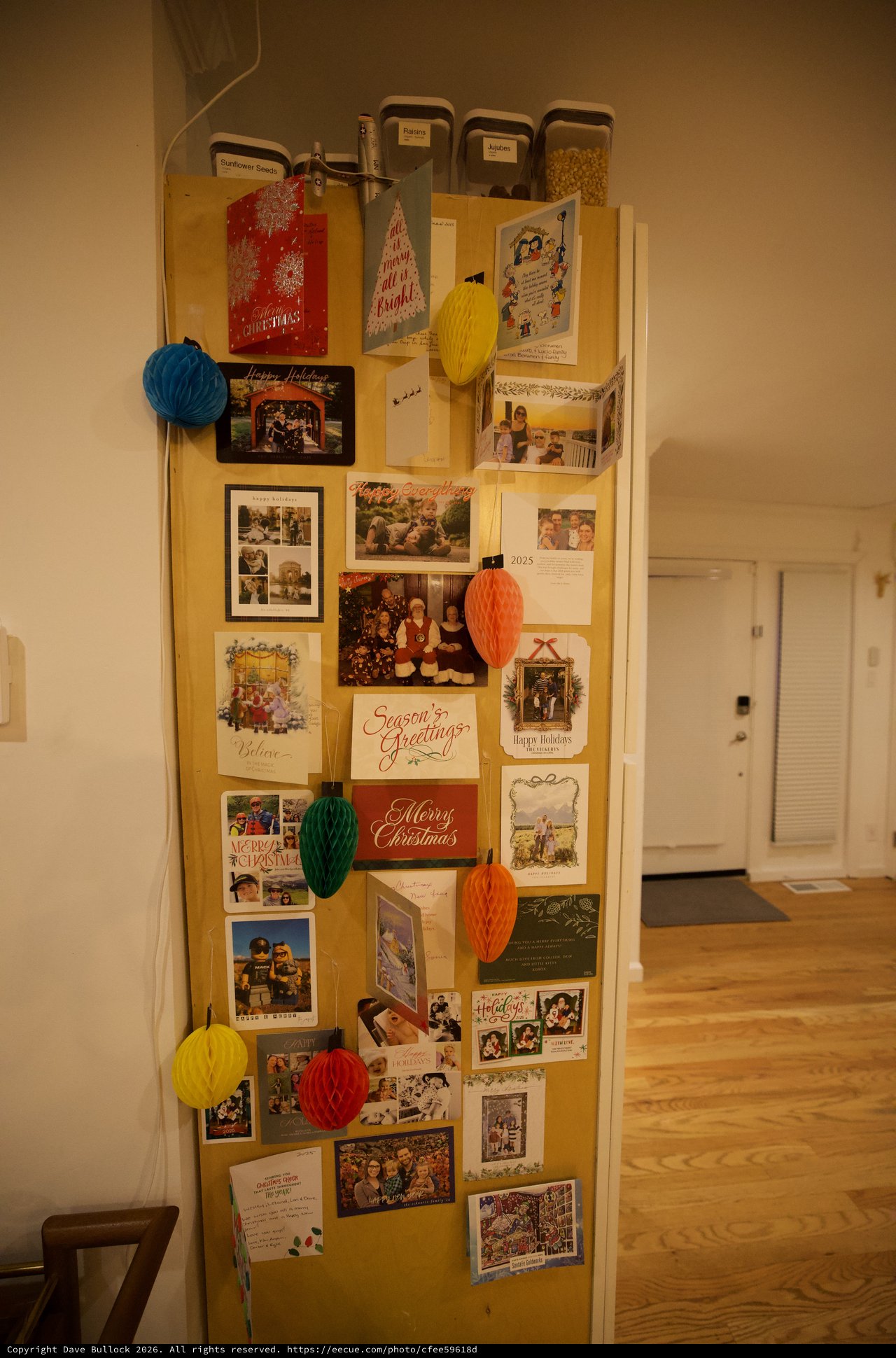 Holiday Card Display Board with Colorful Decorative Ornaments