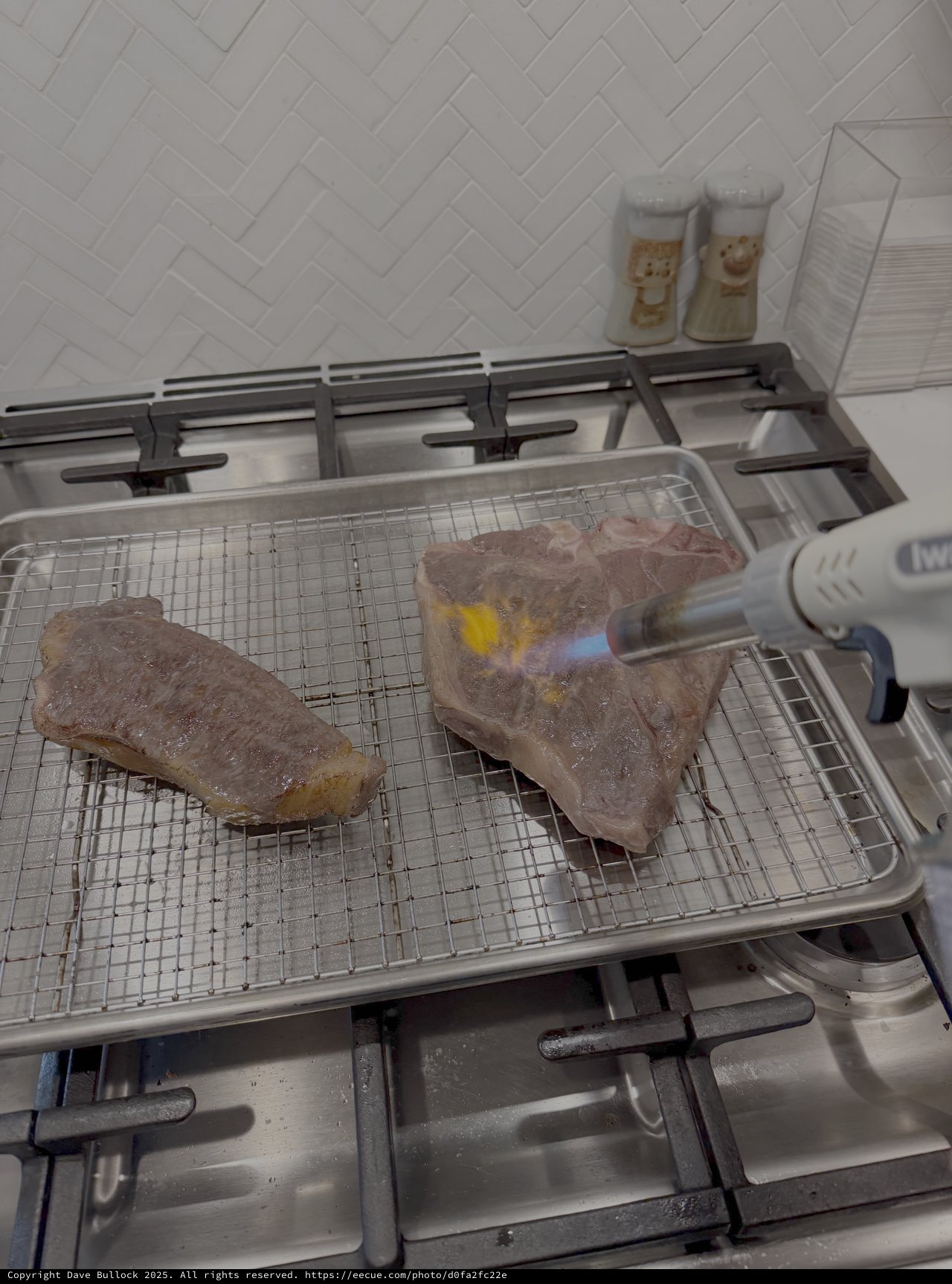 Culinary Torch Caramelizing Meat on Professional Grill