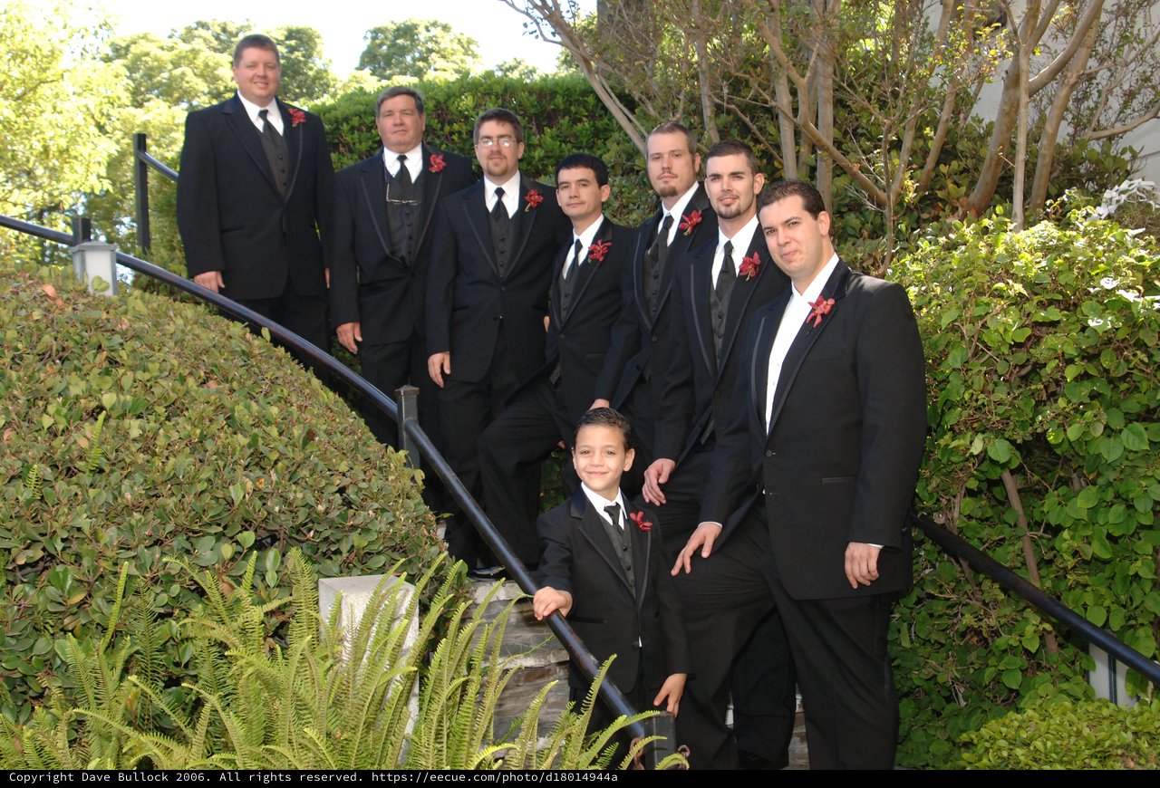 Groomsmen Pose on Garden Staircase at Wedding