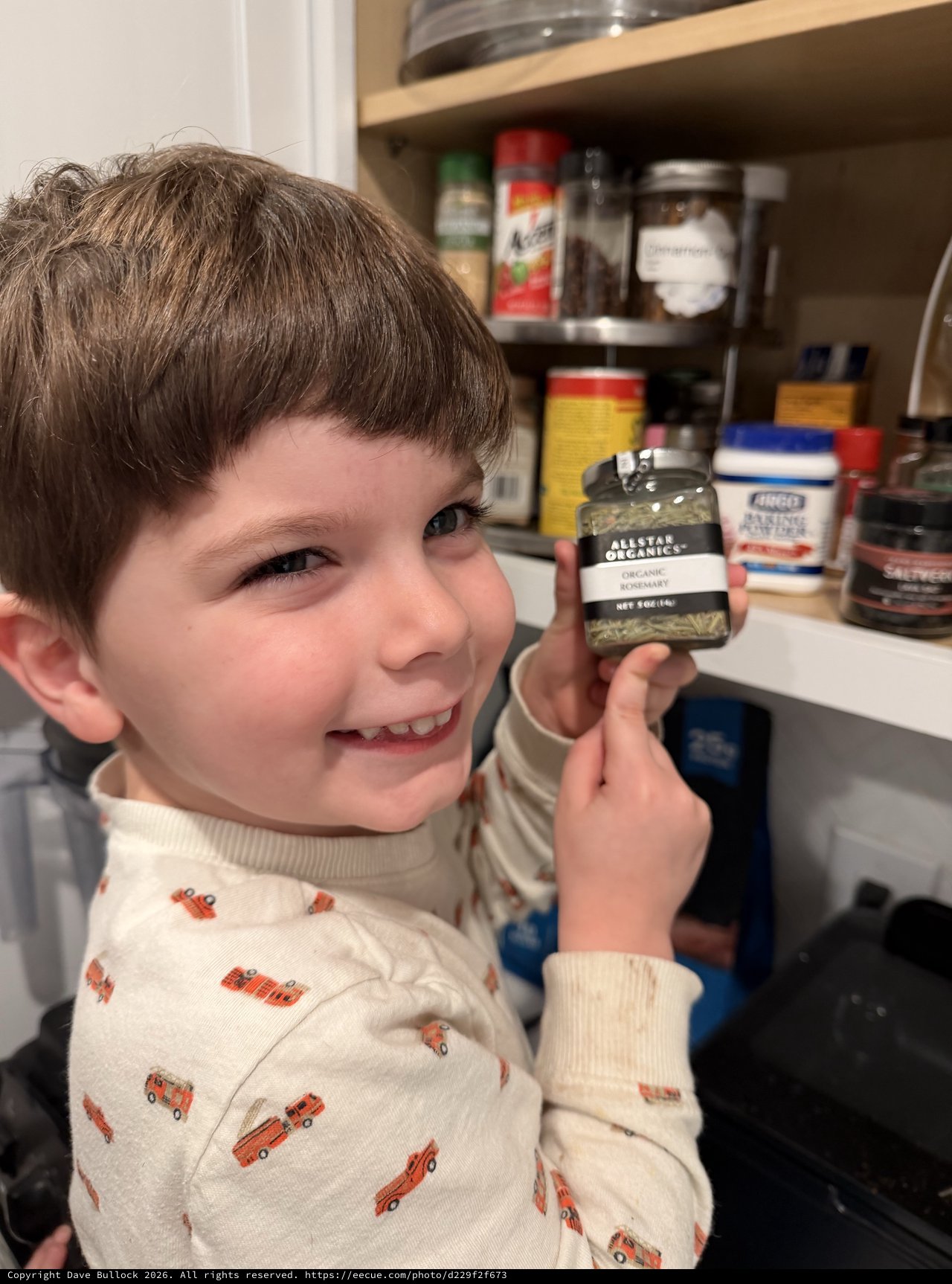 Young Boy Helping in Kitchen with Organic Rosemary