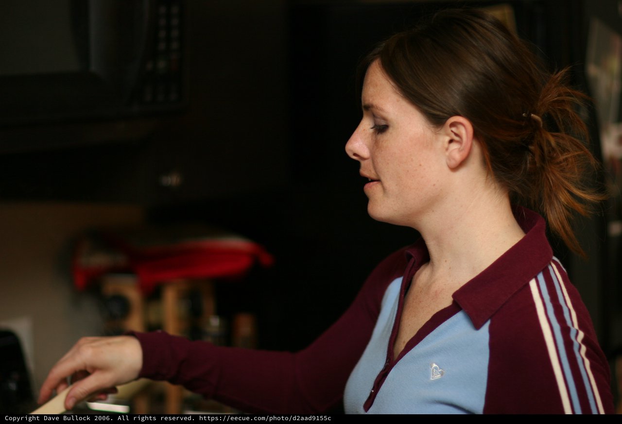 Woman in Profile Working at Kitchen Counter