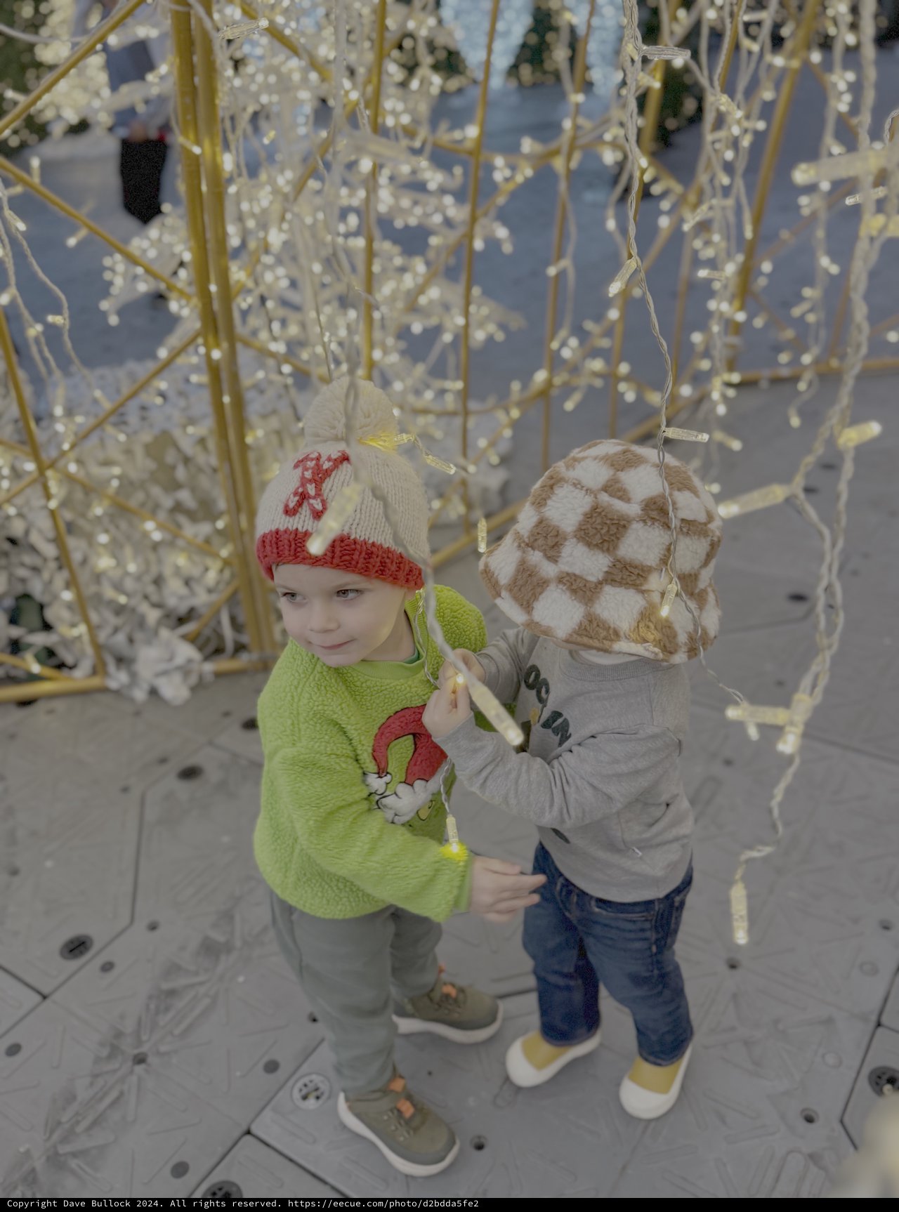 Two Children Playing Under Illuminated Winter Branches