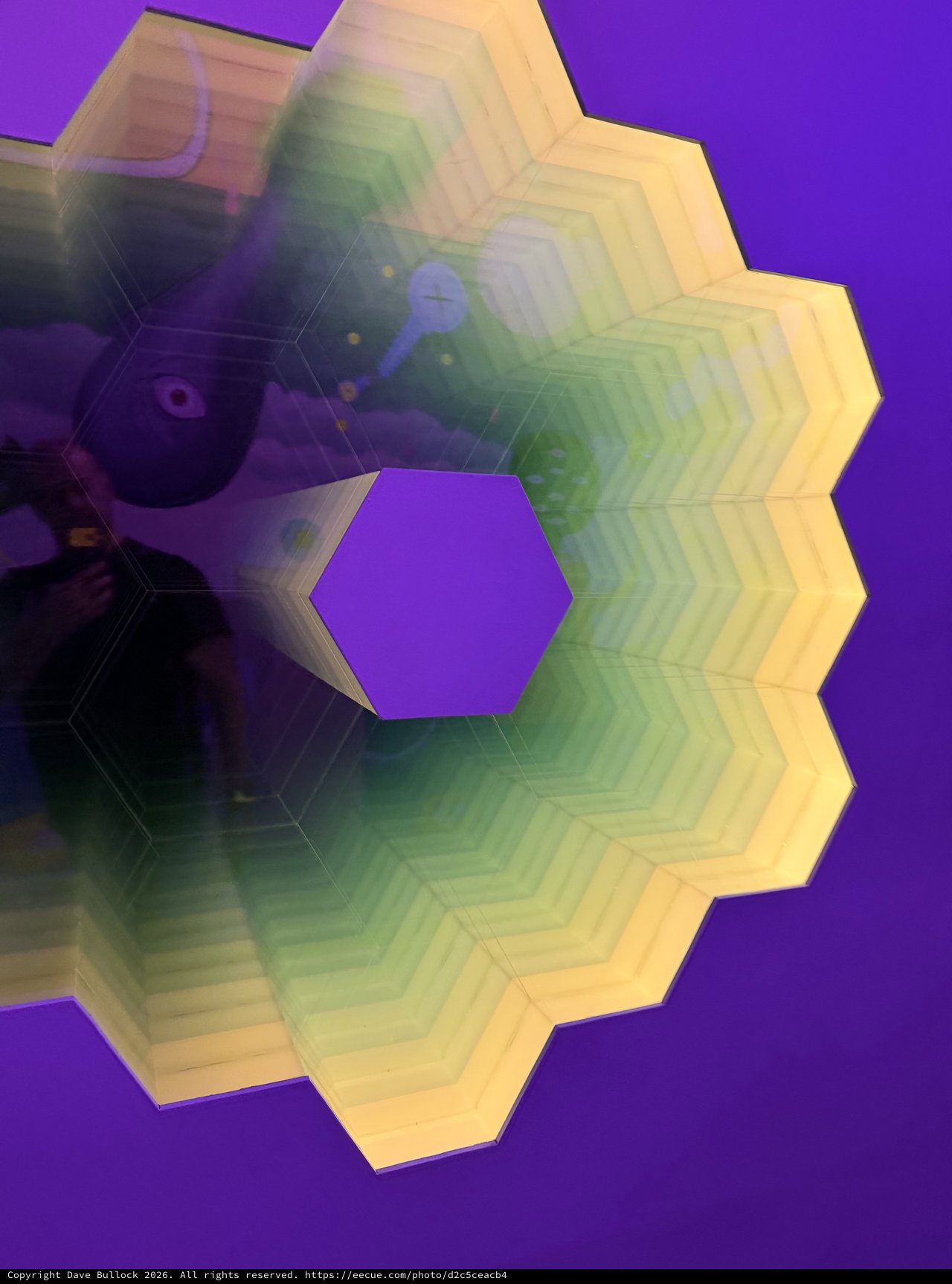 Rainbow Hexagonal Light Installation Against Purple Wall