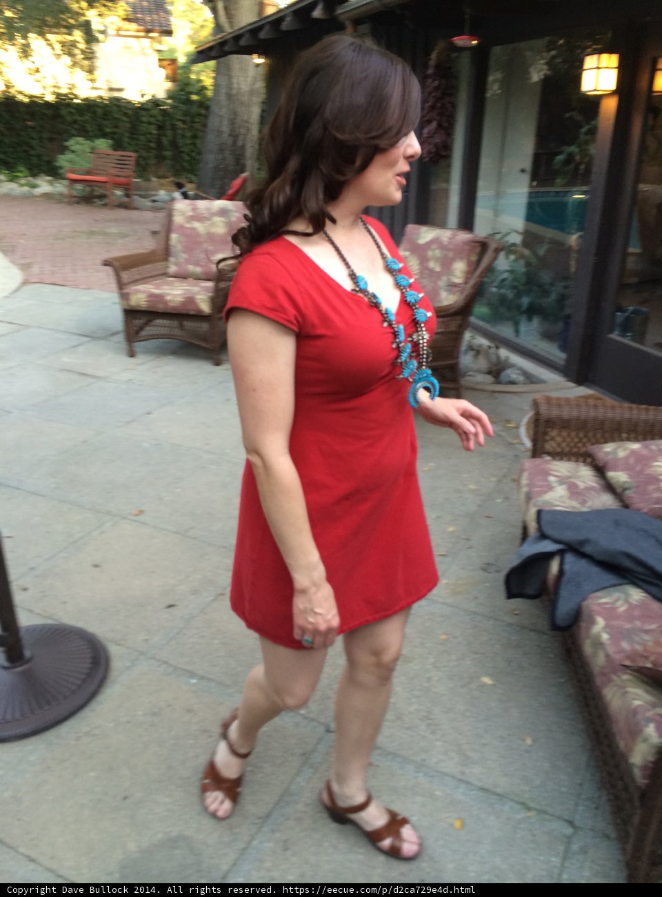 Lady in Red Strolling Down the Path