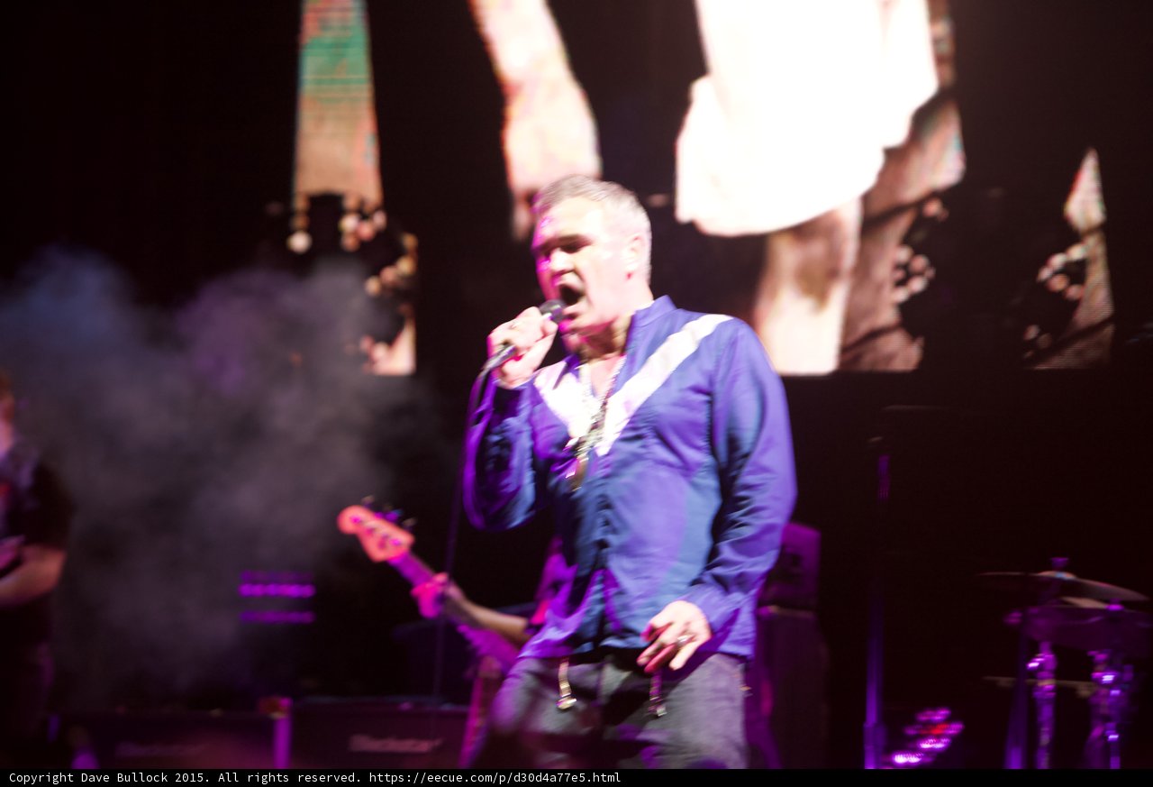 Morrissey Singing Passionately Blue Shirt Necklaces Smiths Dangling Hands Screen Smoke Red Bass