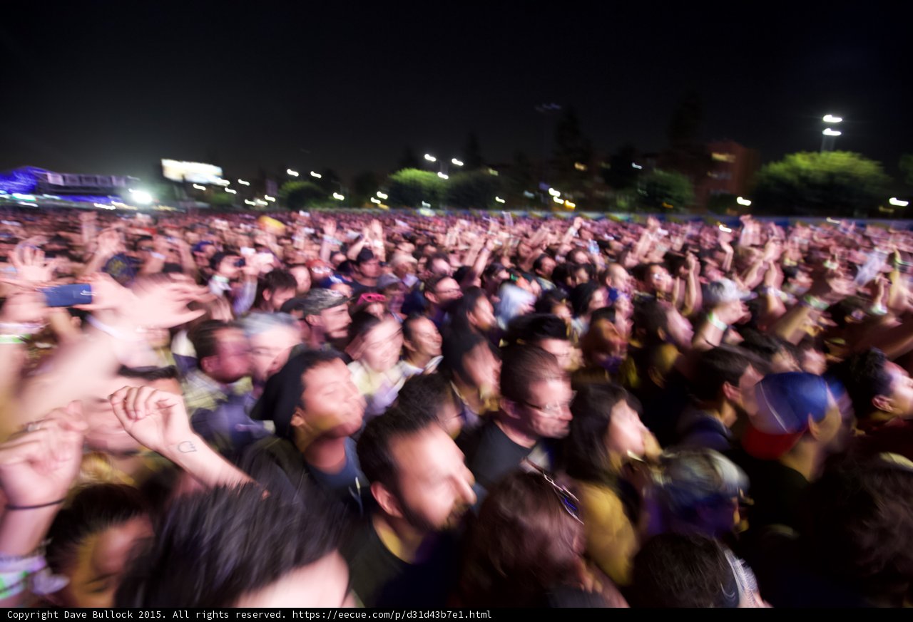 FYF Fest Crowd Motion Blur Arms Raised Trees Stadium Lights Building Night Dancing