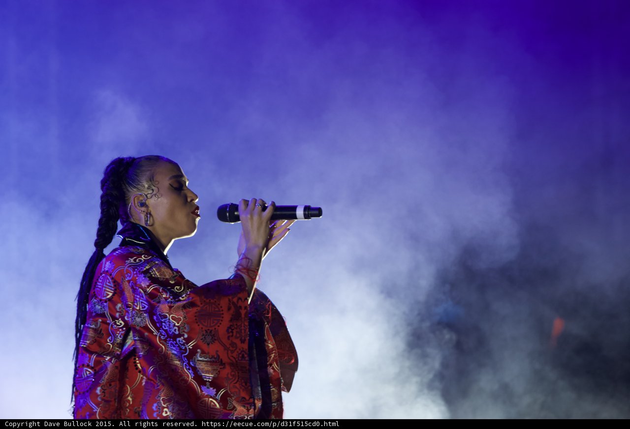 FKA twigs Beautiful Upper Body Profile Singing Baby Hairs Swirls Hoop Earrings Braided Ponytail Black Choker Rings Kimono Red Brocade Gold Purple Patterns Purple Blue Lighting Heavy White Haze