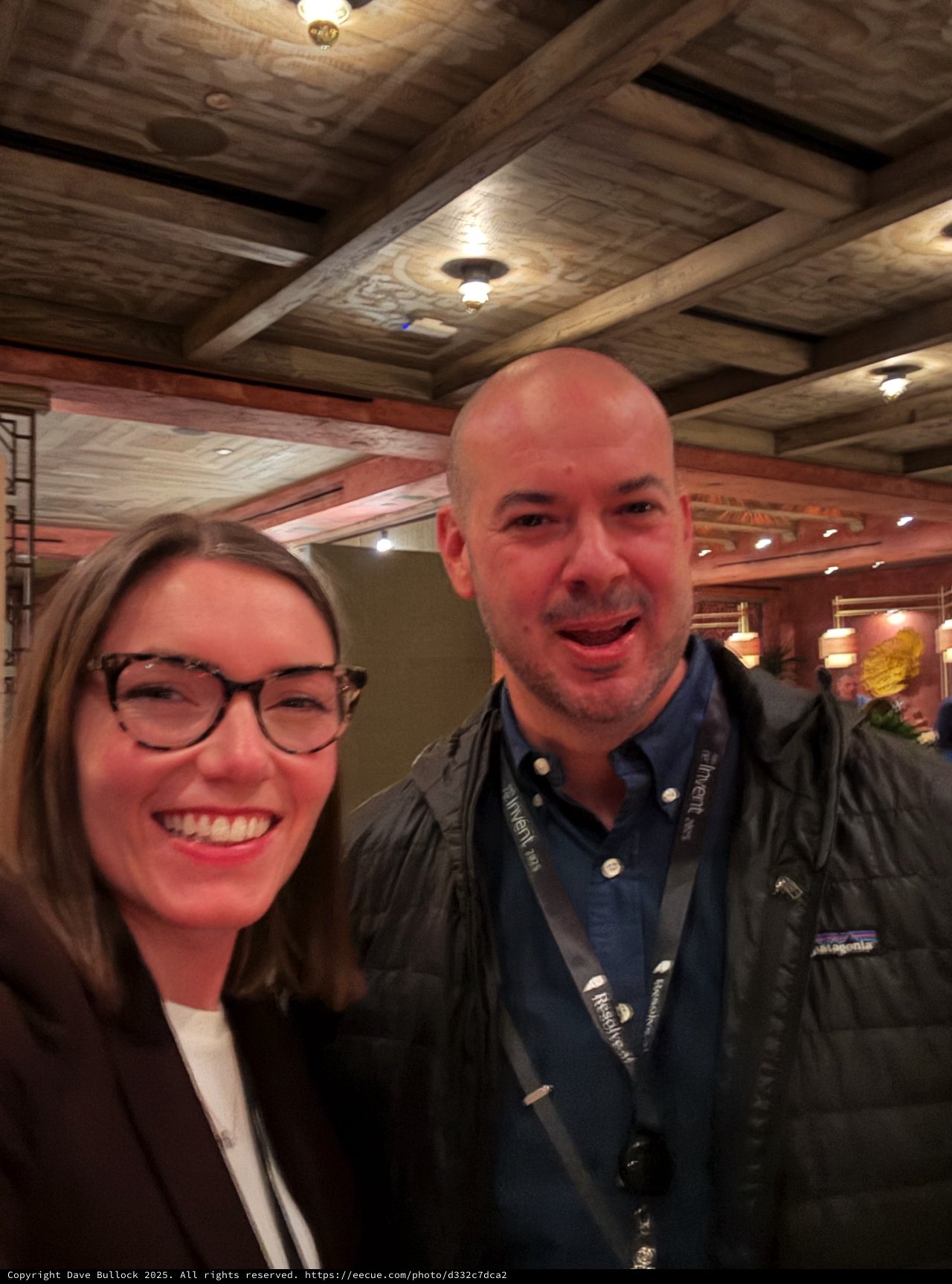 Happy Selfie at Upscale Restaurant with Coffered Ceiling