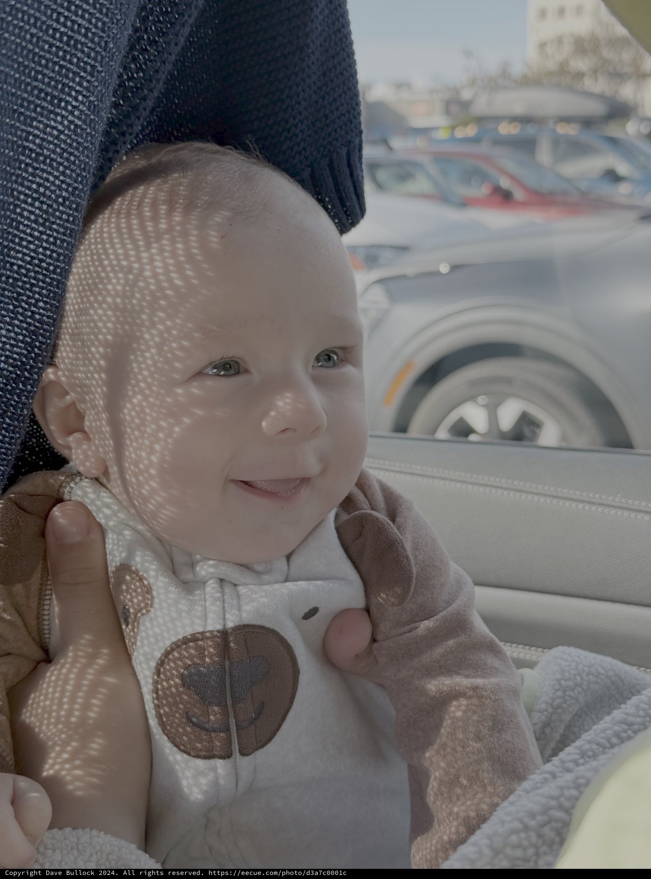 Smiling Baby in Car Seat with Dappled Sunlight