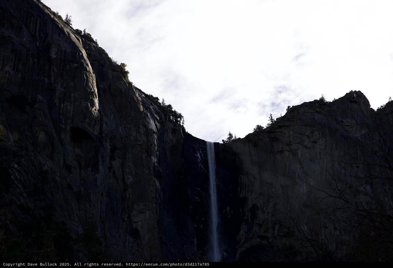 Dramatic Waterfall Between Towering Granite Cliffs at Dusk
