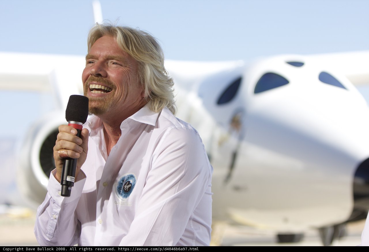Richard Branson addresses the crowd before takeoff