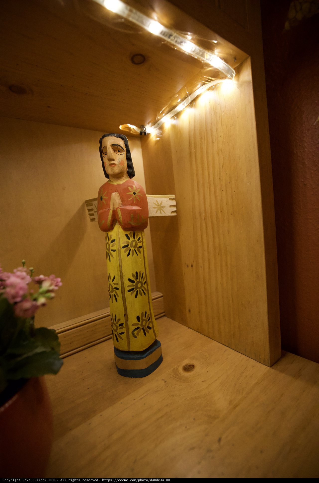 Folk Art Angel Figure in Wooden Shelf Display