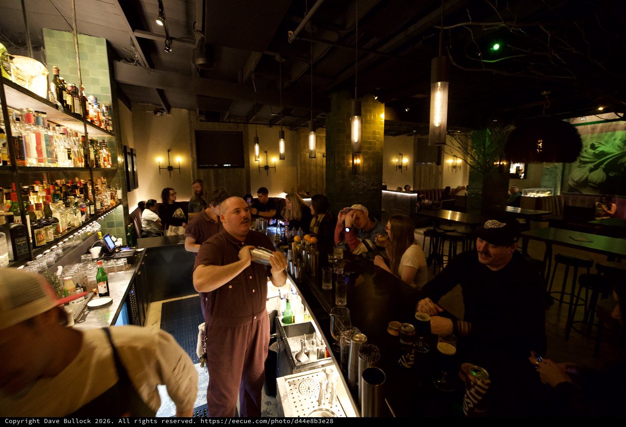 Bartender Mixing Craft Cocktails in Dimly Lit Modern Bar