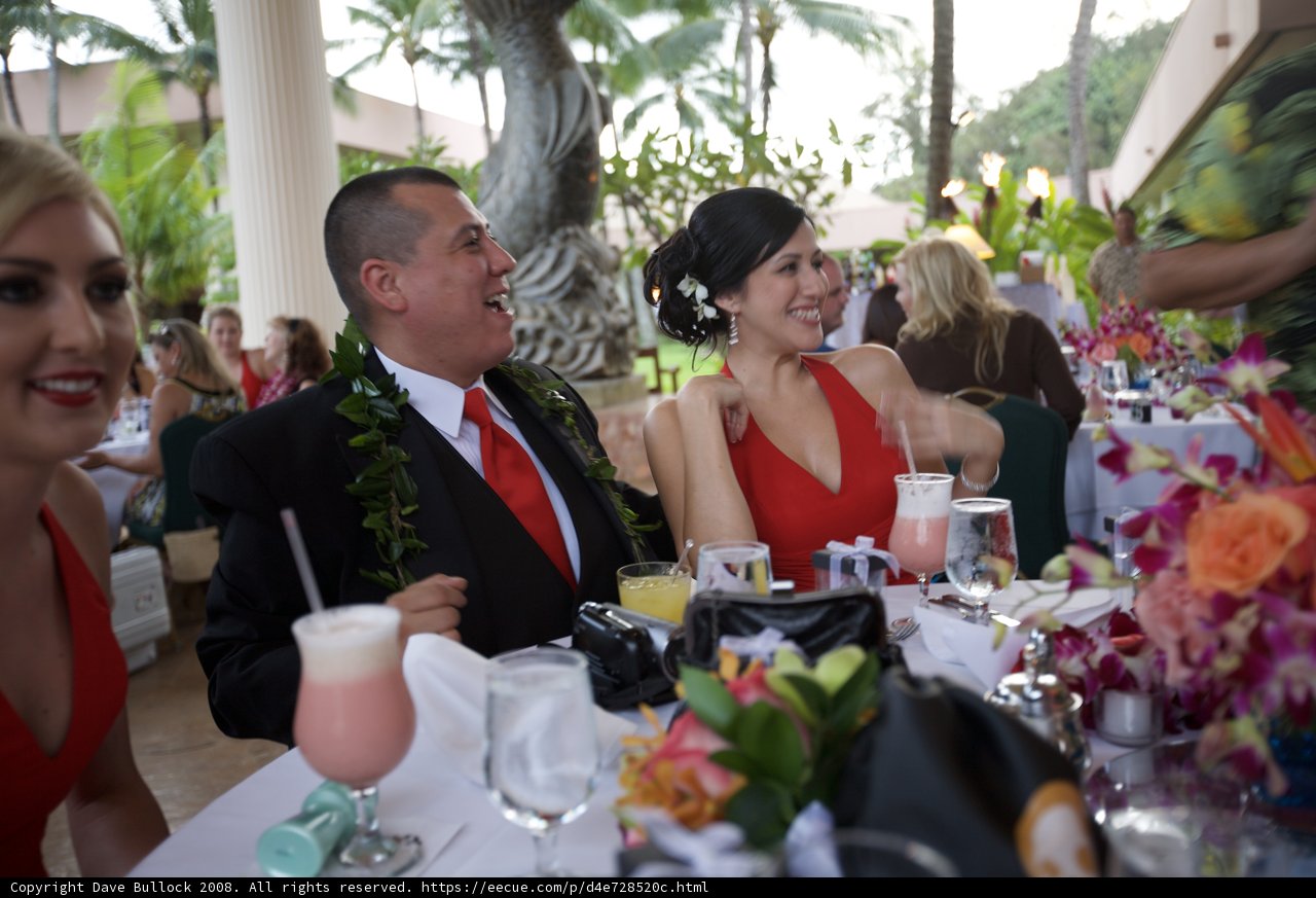 Red Dresses at a Hawaiian Wedding Reception