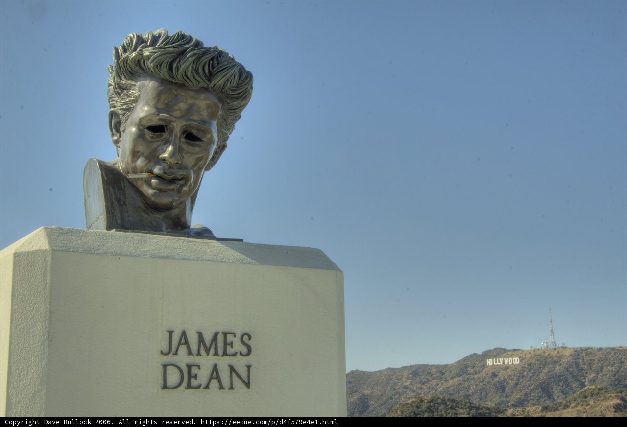 James Dean Statue with Hollywood Sign