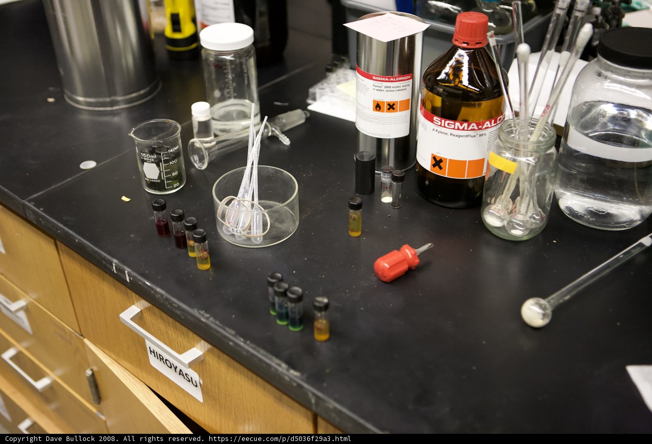 Laboratory Counter with Bottles and Utensils