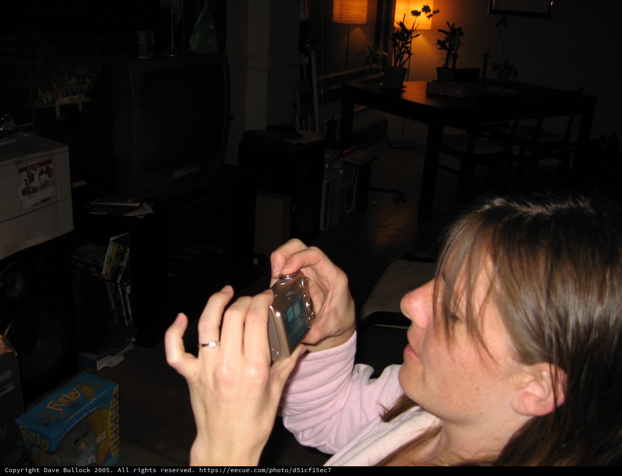 Woman Examines Digital Camera in Dimly Lit Room